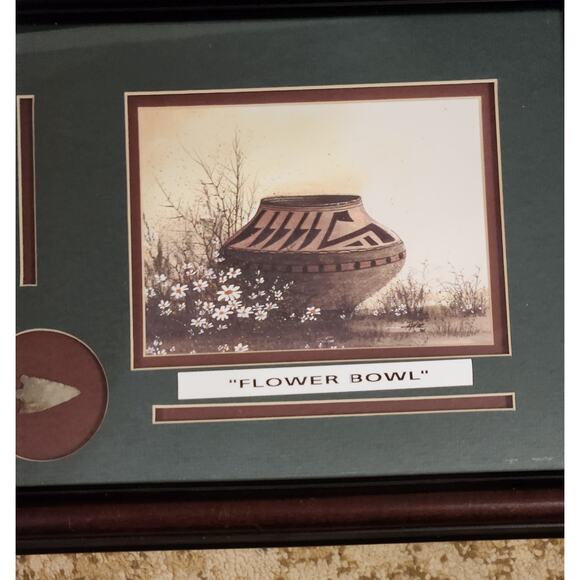 Native American Real Arrow Head and Matted Painting Framed Flower Bowls - Picture 6 of 7